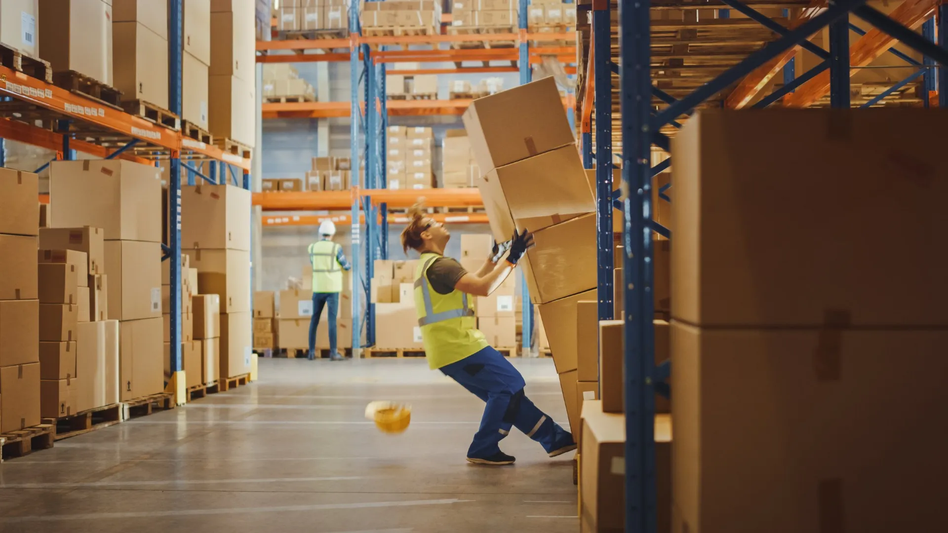 Warehouse worker injured by falling boxes, an example of a factory worker injury case handled by a workers compensation lawyer Los Angeles.