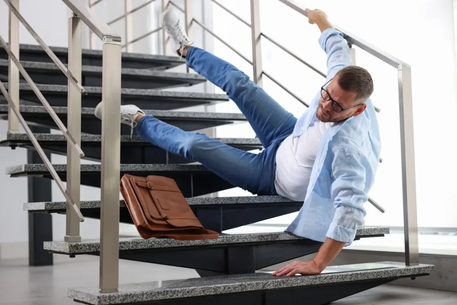 Injured man slipping on stairs after a workplace accident, illustrating a case a slip and fall attorney Los Angeles or personal injury lawyer Los Angeles may handle.