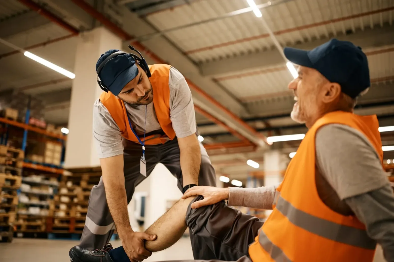 Warehouse worker helping injured coworker with knee pain, representing workers compensation claims for warehouse and factory injuries in California.