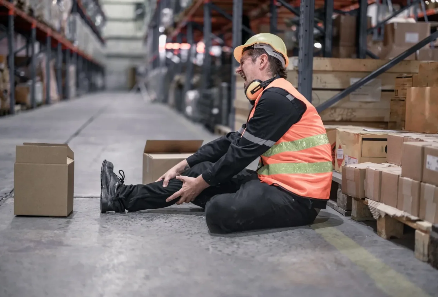 Warehouse employee holding injured leg on floor, representing slip and fall and warehouse injury claims under workers compensation law.