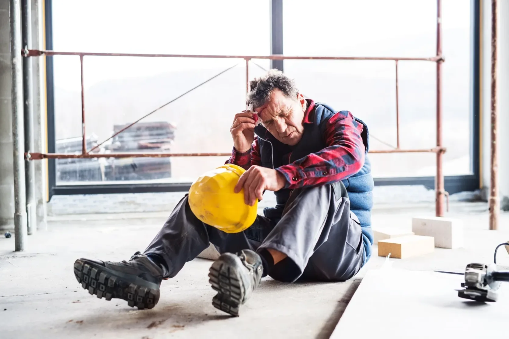 Construction worker sitting on floor holding safety helmet after injury highlighting workplace accident cases handled by workers compensation attorney California.