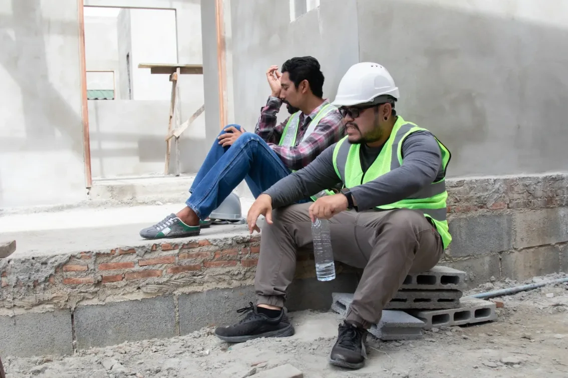 Construction workers sitting during a break, highlighting the physical challenges faced on the job site and the need for legal help after injuries.