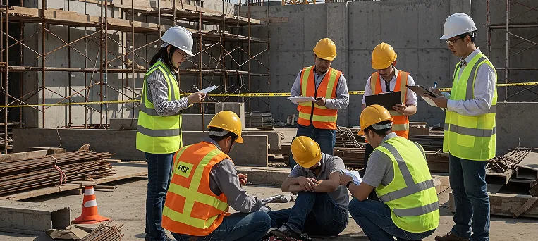 Construction crew assisting an injured worker on site, representing claims handled by construction accident attorneys in Los Angeles.