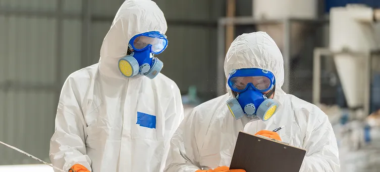 Workers wearing protective suits and respirators, representing industries facing occupational disease and hazardous workplace exposure claims.
