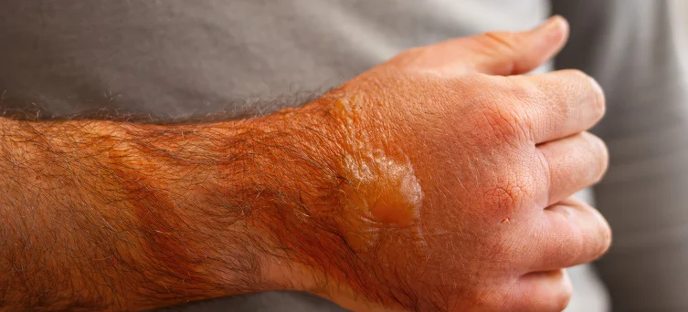 Close up of severe hand burn injury representing cases handled by burn injury lawyer Los Angeles and California burn injury attorney.