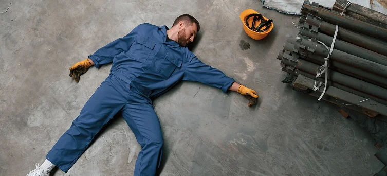 Industrial worker lying on factory floor after accident representing serious workplace injury claims handled by workers compensation lawyers in California.