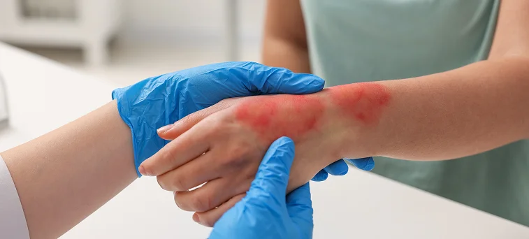 Medical professional examining skin irritation injury caused by workplace exposure representing occupational disease and environmental injury lawyer cases in California.